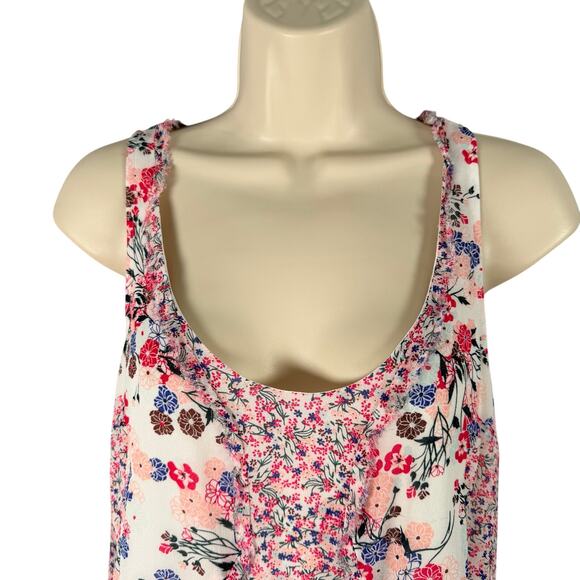 French Connection Top Womens 2 White Pink Multi Floral Chiffon Raw Edge Tank - Picture 2 of 9